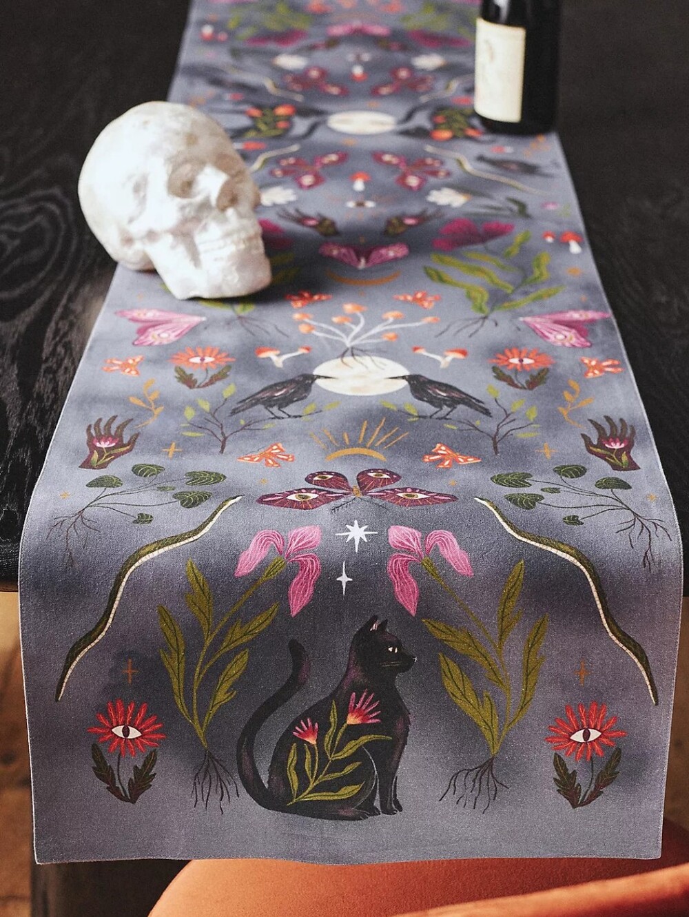 Anthropologie Mystic Halloween Table Runner Gray 16"x90" Cats Snakes Crows